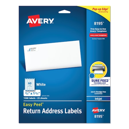 Avery Easy Peel White Address Label w/Sure Feed, Inkjet, 0.66x1.75, PK1500 08195